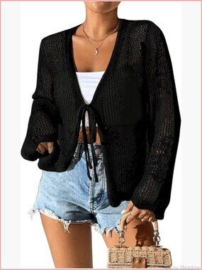 Tie Front Crochet Lightweight Long Sleeve Cardigan Sweater Boho Beach Lace
